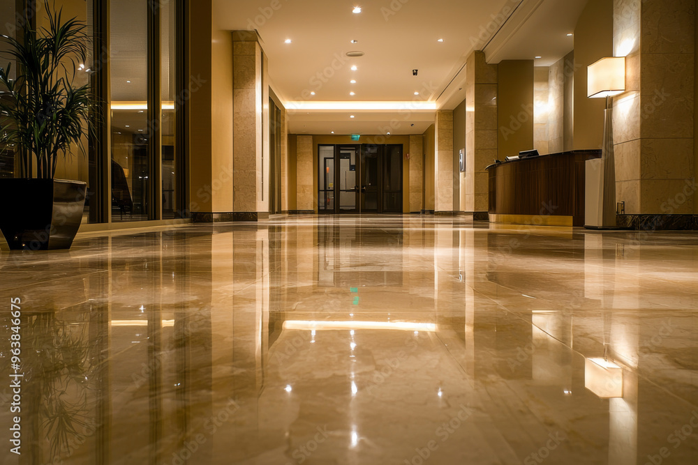 A polished marble hallway in a modern building, featuring soft lighting and a reception area. A polished marble hallway in a modern building, featuring soft lighting and a reception area.
