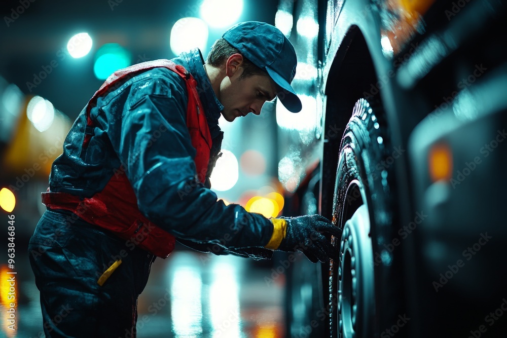 A driver performing a safety check on a delivery vehicle. The driver is inspecting the vehicle's tires, lights, and engine components, with a focus on the thoroughness. A driver performing a safety check on a delivery vehicle. The driver is inspecting the vehicle's tires, lights, and engine components, with a focus on the thoroughness.