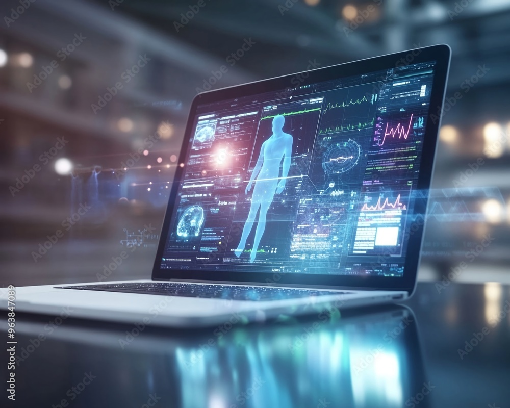 Laptop with telemedicine platform doctor reviewing patient data remotely Laptop with telemedicine platform doctor reviewing patient data remotely