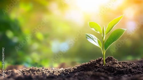 Young plant sprouting from the soil photo