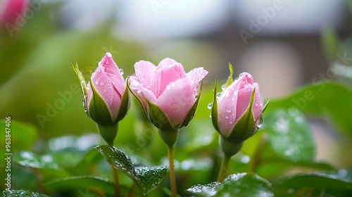 New flower buds in a garden after rain photo