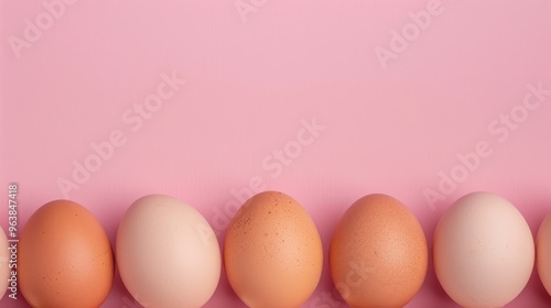 Row of Brown Eggs on Pink Background