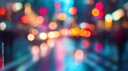 Fototapeta Naklejka Na Ścianę i Meble -  A blurry city street with a lot of lights and people walking. Scene is busy and bustling