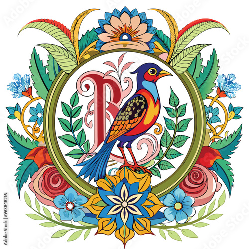 bird Illustration Artwork wirh flower and lef ornament