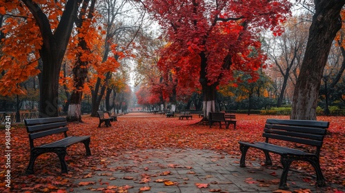 A Path Through Autumnal Trees with Benches photo