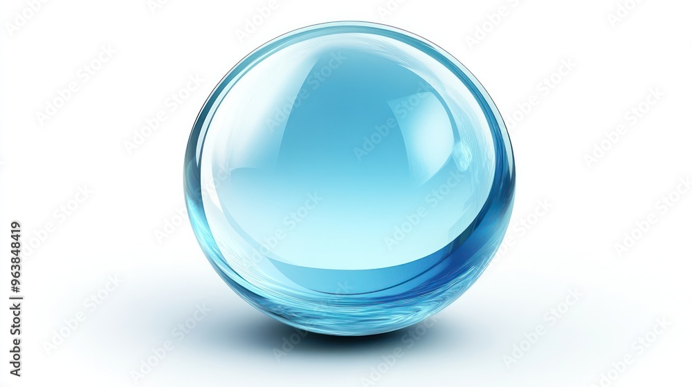 A clear blue sphere sits on a white background. The sphere is smooth and shiny, and it is floating in midair A clear blue sphere sits on a white background. The sphere is smooth and shiny, and it is floating in midair