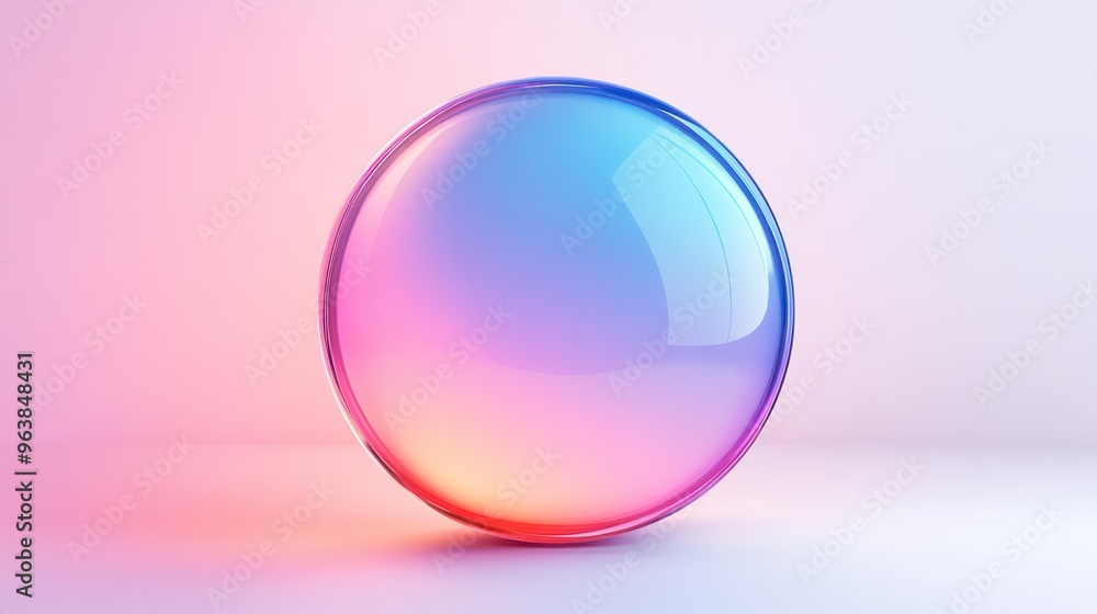 A colorful glass sphere with a pink, blue, and purple hue. The sphere is sitting on a white background A colorful glass sphere with a pink, blue, and purple hue. The sphere is sitting on a white background
