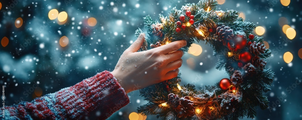 One hand reaching for a festive wreath, snowflakes drifting down, with Christmas cheer lighting up the background. One hand reaching for a festive wreath, snowflakes drifting down, with Christmas cheer lighting up the background.