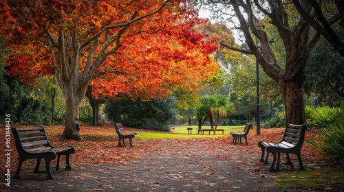 Autumnal Park Scene with Benches and Fallen Leaves photo