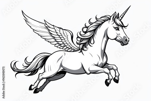A winged unicorn in mid-leap, depicted in a stylized black and white illustration.