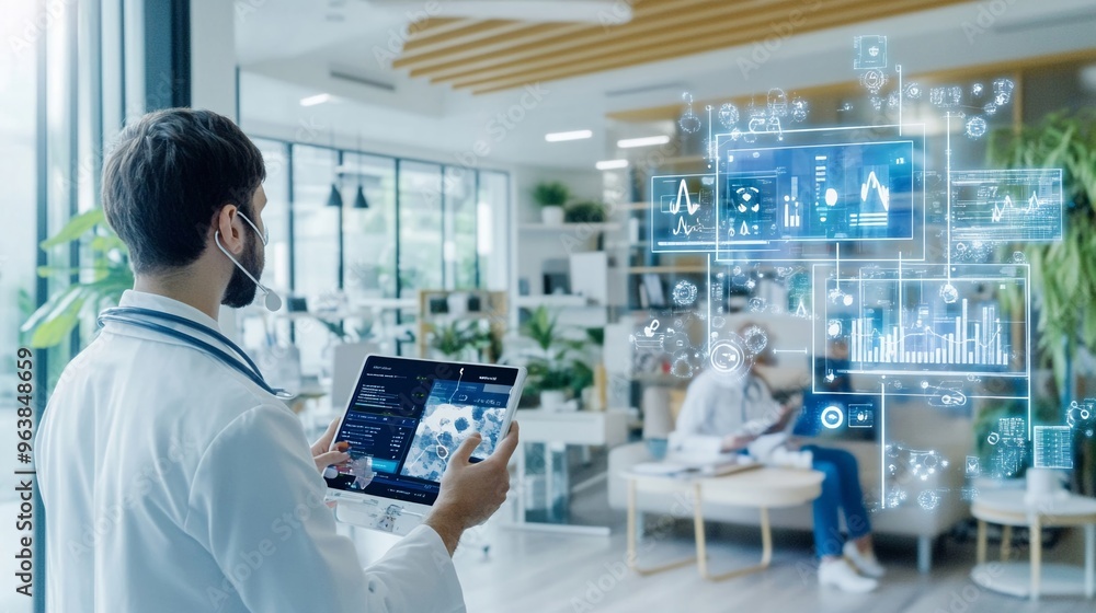 Obraz premium Patient in a smart home using IoT health devices doctor reviewing data via telemedicine