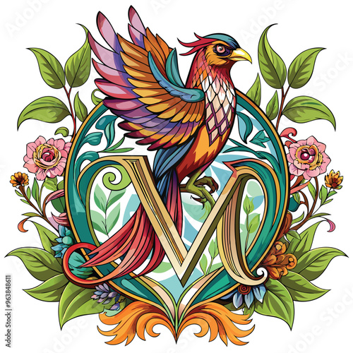 bird Illustration Artwork wirh flower and lef ornament
