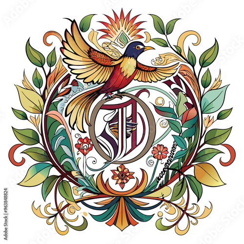 bird Illustration Artwork wirh flower and lef ornament