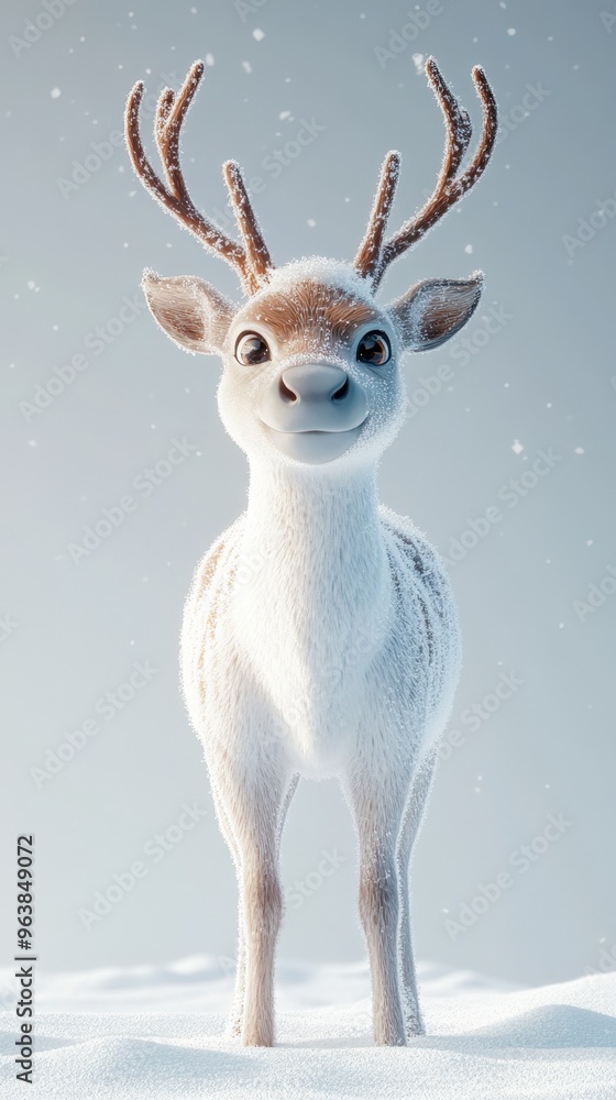 Cute snow-covered reindeer, isolated on a white background, 3D Blender minimal style, Cute snow-covered reindeer, isolated on a white background, 3D Blender minimal style,
