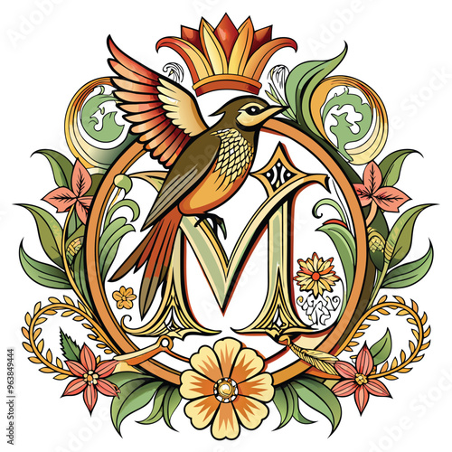 bird Illustration Artwork wirh flower and lef ornament