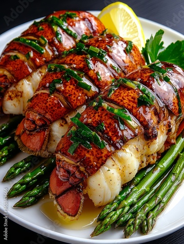 Deliciously grilled lobster tails served with fresh asparagus and lemon, perfect for seafood lovers and gourmet dining.