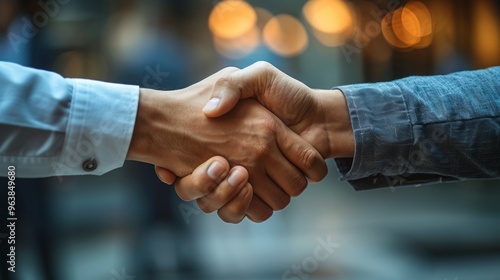 a scene of a business partnership agreement being signed, with two professionals shaking hands and documents on the table