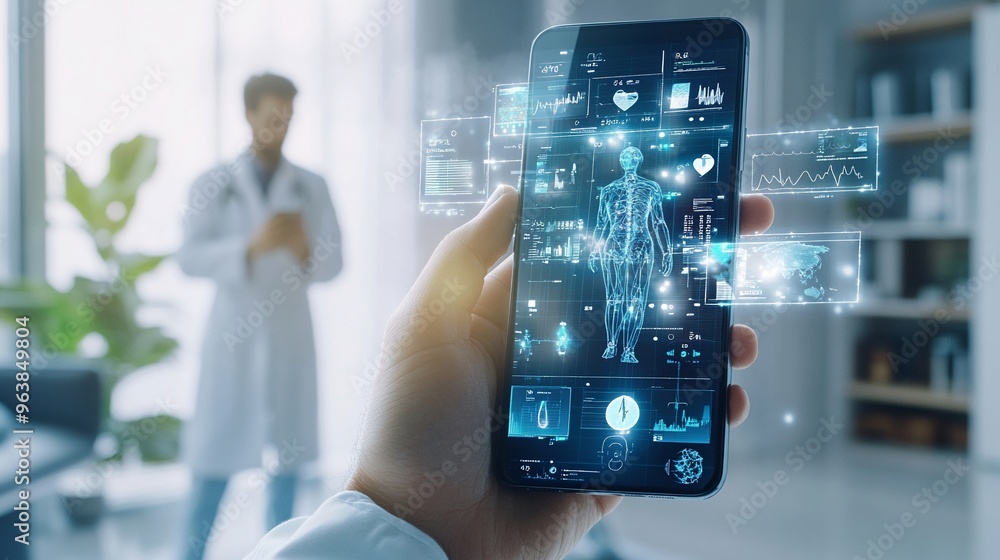 Patient using a smartphone to consult a doctor via telemedicine glowing real-time data on the screen Patient using a smartphone to consult a doctor via telemedicine glowing real-time data on the screen