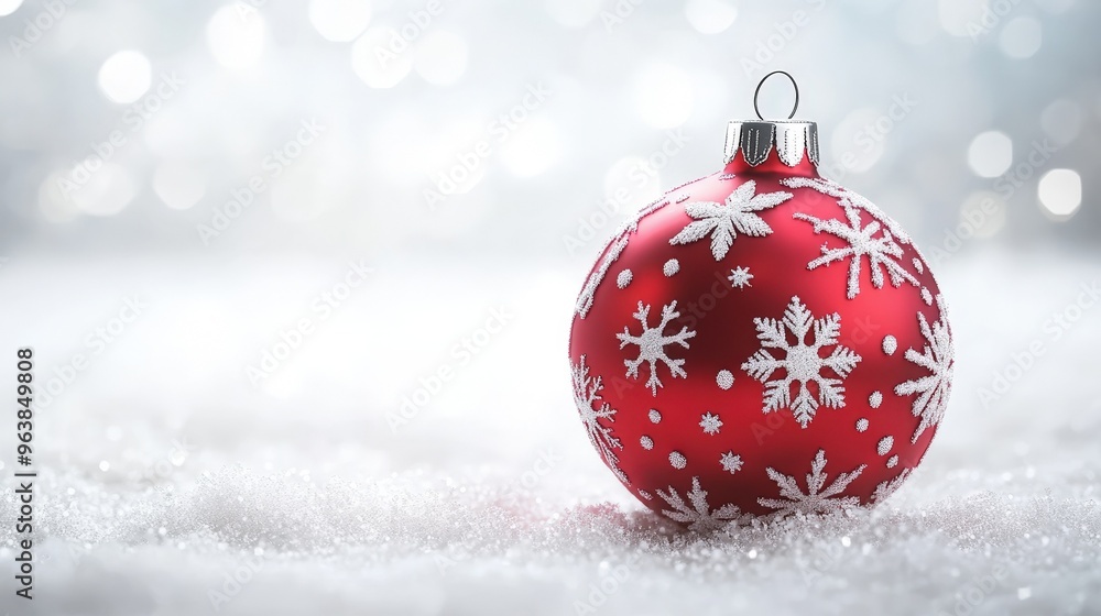 Bright red Christmas bauble with snowflakes, isolated on a soft white background, 3D Blender cute minimal style, Bright red Christmas bauble with snowflakes, isolated on a soft white background, 3D Blender cute minimal style,