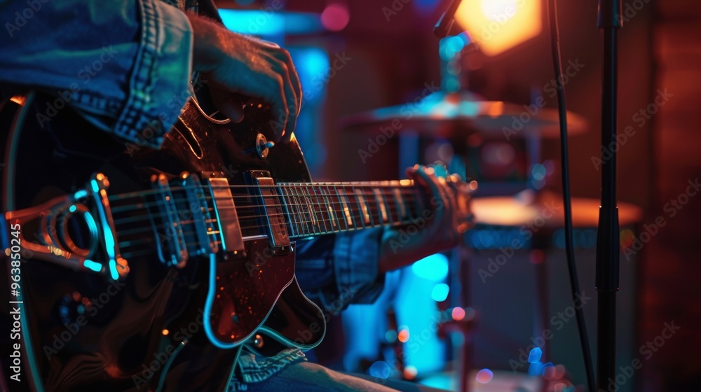 Obraz premium a scene of a musician in a recording studio, playing a guitar and singing into a microphone