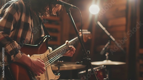 a scene of a musician in a recording studio, playing a guitar and singing into a microphone photo