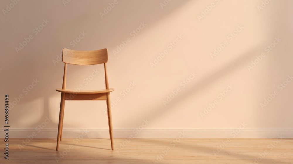 A minimalist wooden chair casting shadows in a serene, softly lit interior setting, perfect for contemporary design themes.