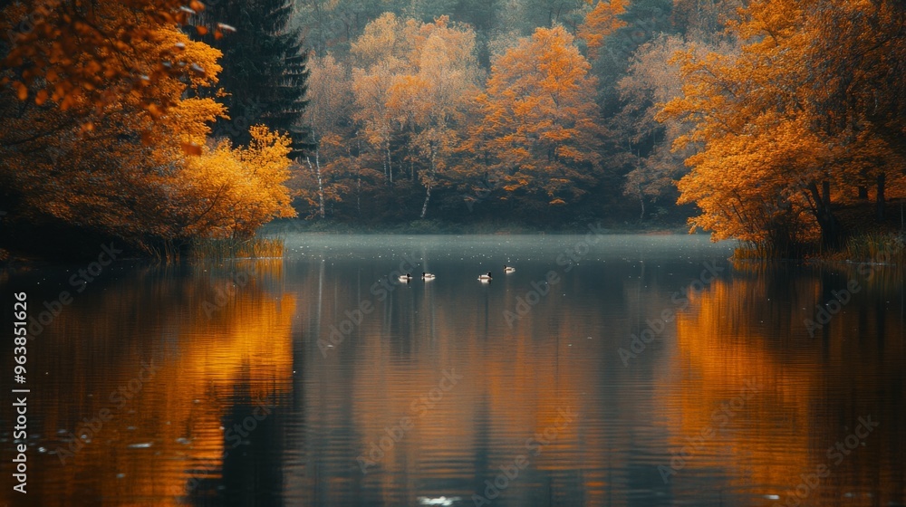 Fototapeta premium Tranquil Autumnal Lake with Ducks and Reflected Trees