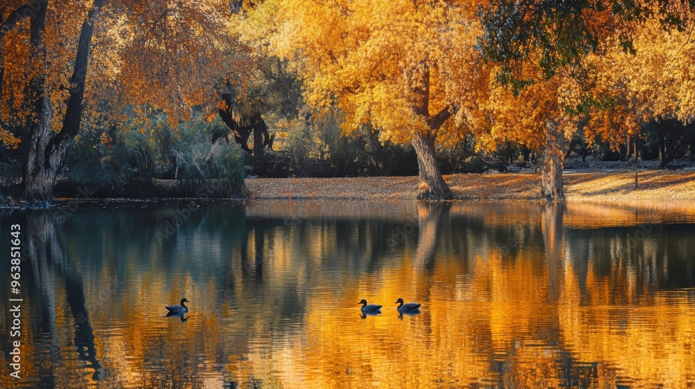 Fototapeta premium Golden Autumn Reflections on a Calm Lake with Ducks