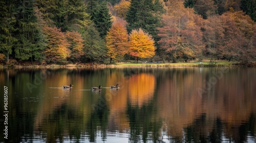 Three Ducks Swimming in a Still Lake Reflecting Autumn Foliage