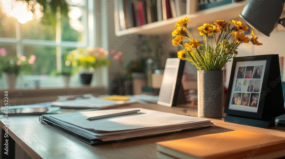Fototapeta premium A serene workspace featuring a sunny desk with flowers, books, and a photo frame, perfect for inspiration and creativity.