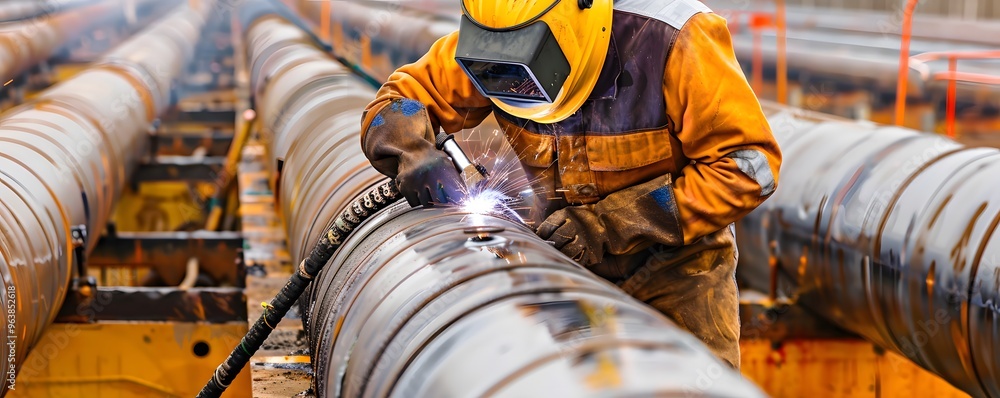 Welder in Protective Gear Welding Large Pipes in a Factory Welder in Protective Gear Welding Large Pipes in a Factory