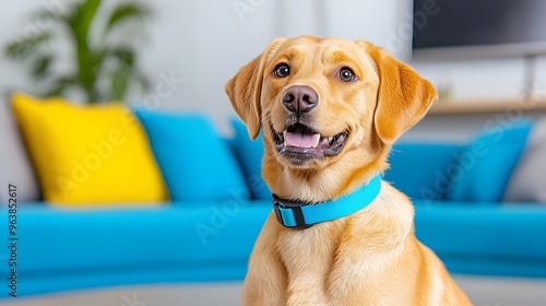 A photostock image of a smart pet camera in augmented reality, showcasing two-way audio, motion detection, and treat dispenser capabilities in a cozy living room  photo