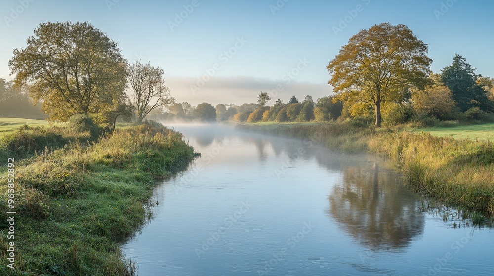 River with Morning Mist and Autumn Trees River with Morning Mist and Autumn Trees