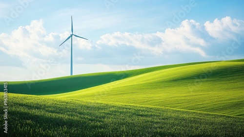 A solitary wind turbine towering in a large green field, representing renewable energy and environmental progress.