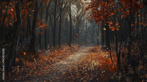 A Pathway Through an Autumnal Forest with Falling Leaves