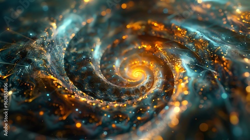 A 3D holographic spiral composed of interconnected geometric shapes each shape emitting a faint glow as the spiral stretches into infinity photo