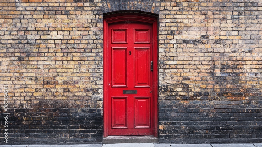 A striking red door stands out against a textured brick wall, adding a touch of elegance and charm. A striking red door stands out against a textured brick wall, adding a touch of elegance and charm.