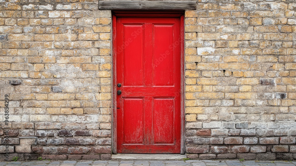 A striking red door stands out against a textured brick wall, adding a touch of elegance and charm. A striking red door stands out against a textured brick wall, adding a touch of elegance and charm.