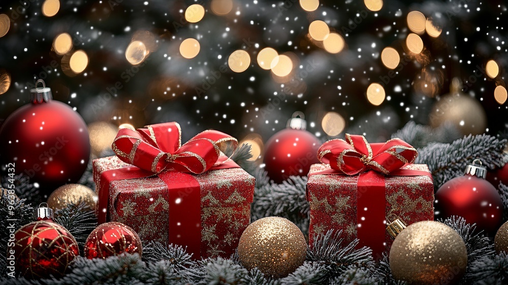 Christmas Background with Red Gift Box, Pine Branches, Baubles, and Glittering Star Ornaments on a Festive Red Surface; Holiday Card Design with Pine Cones, Berries, and Shimmering Decorations for Sea Christmas Background with Red Gift Box, Pine Branches, Baubles, and Glittering Star Ornaments on a Festive Red Surface; Holiday Card Design with Pine Cones, Berries, and Shimmering Decorations for Sea