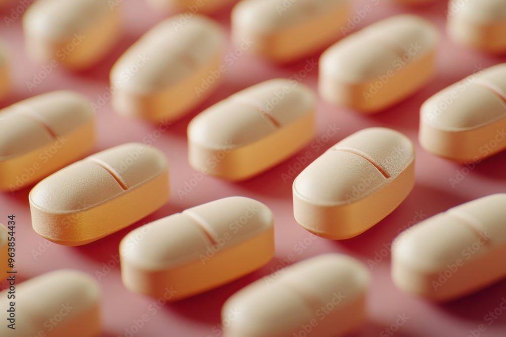 Close-up of orange capsules arranged neatly on a pink background, highlighting the texture and color of the medication. Close-up of orange capsules arranged neatly on a pink background, highlighting the texture and color of the medication.
