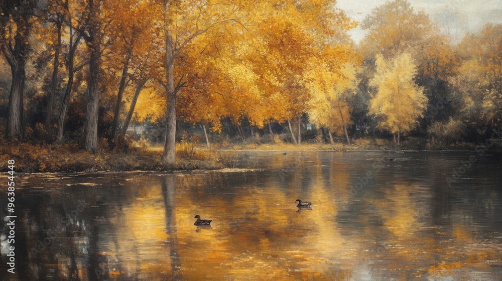 Fototapeta premium Golden Autumn Trees Reflecting in Calm River with Two Ducks Swimming
