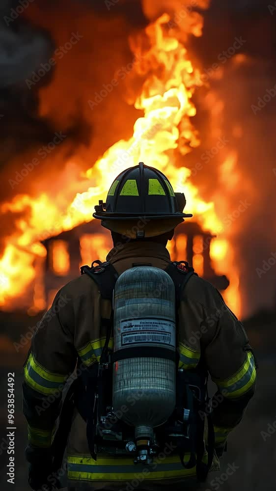 Firefighter Facing Intense Blaze with Full Gear and Oxygen Tank in 4K Video Stock. Firefighter Facing Intense Blaze with Full Gear and Oxygen Tank in 4K Video Stock.
