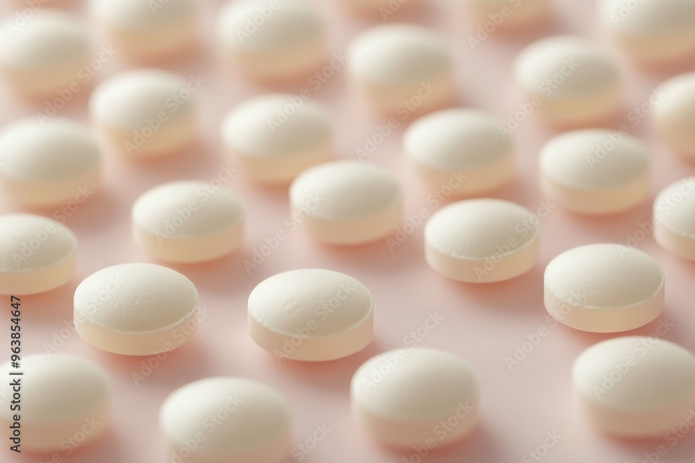Close-up view of white medicinal tablets arranged neatly on a soft background, ideal for health and wellness themes. Close-up view of white medicinal tablets arranged neatly on a soft background, ideal for health and wellness themes.