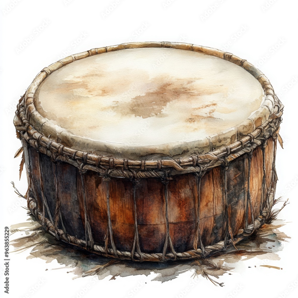 A traditional wooden djembe drum with a leather top, isolated on a white background, highlighting its rhythmic beats and cultural essence A traditional wooden djembe drum with a leather top, isolated on a white background, highlighting its rhythmic beats and cultural essence