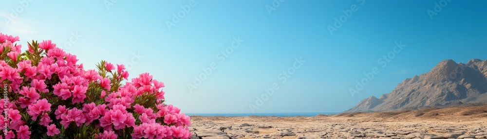 Vibrant pink flowers bloom against a clear blue sky and rocky mountain landscape, showcasing nature's beauty and resilience. Vibrant pink flowers bloom against a clear blue sky and rocky mountain landscape, showcasing nature's beauty and resilience.