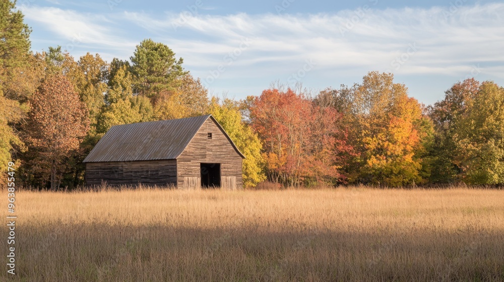 A Rustic Barn in a Field of Golden Grass, Surrounded by Autumn Trees A Rustic Barn in a Field of Golden Grass, Surrounded by Autumn Trees