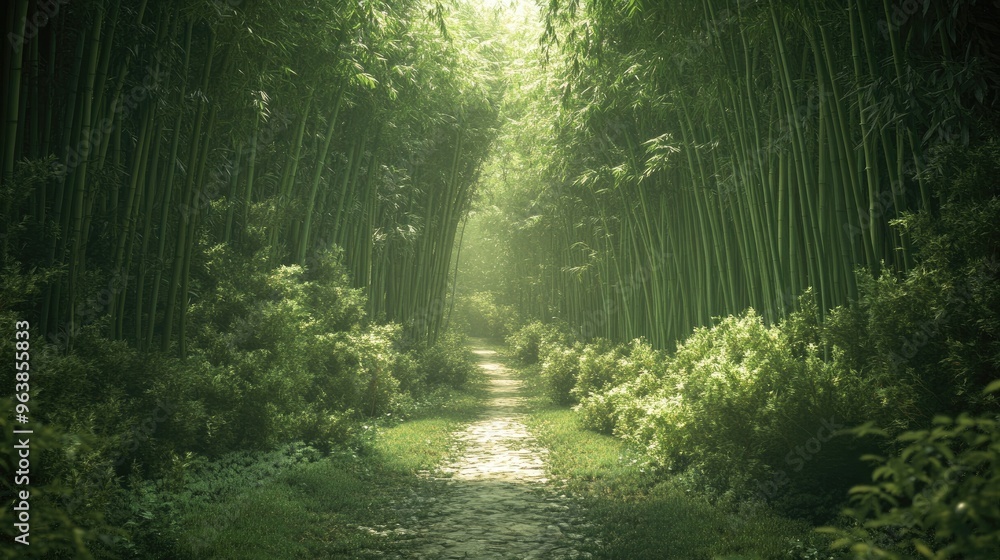 Fototapeta premium A tranquil bamboo grove with a serene path cutting through the thick, towering green stalks.