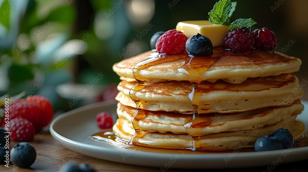 custom made wallpaper toronto digitalStacked Pancakes with Maple Butter and Fresh Berries in Sunny Kitchen