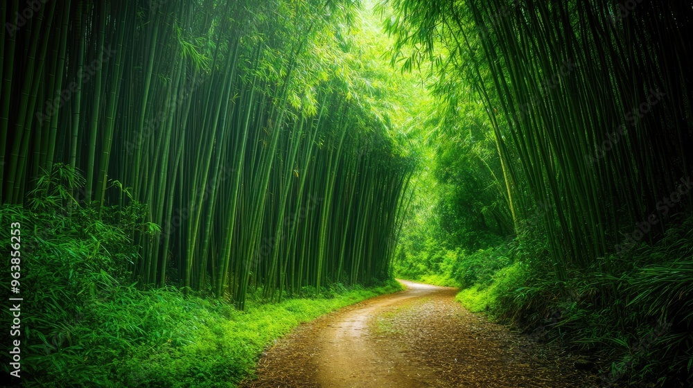 Fototapeta premium A tranquil bamboo grove with a serene path cutting through the thick, towering green stalks.