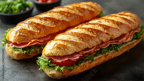 Freshly Baked Baguette Sandwich Filled with Savory Ham Cheese and Crisp Lettuce